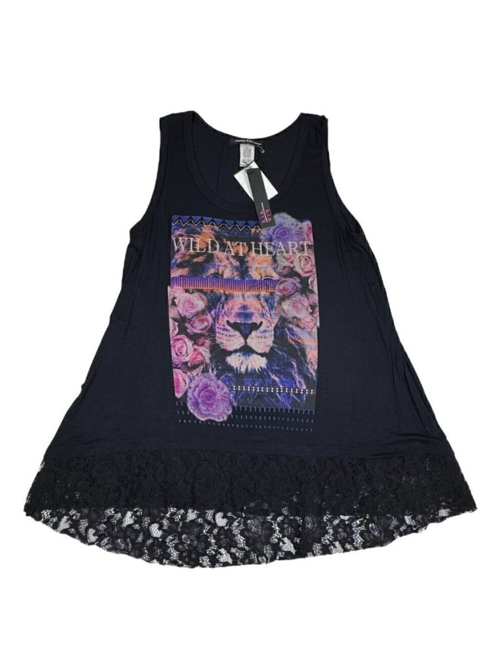 NWT HIP Black Graphic Sleeveless T-Shirt Sz L Lace Trim Flower Lion Goth